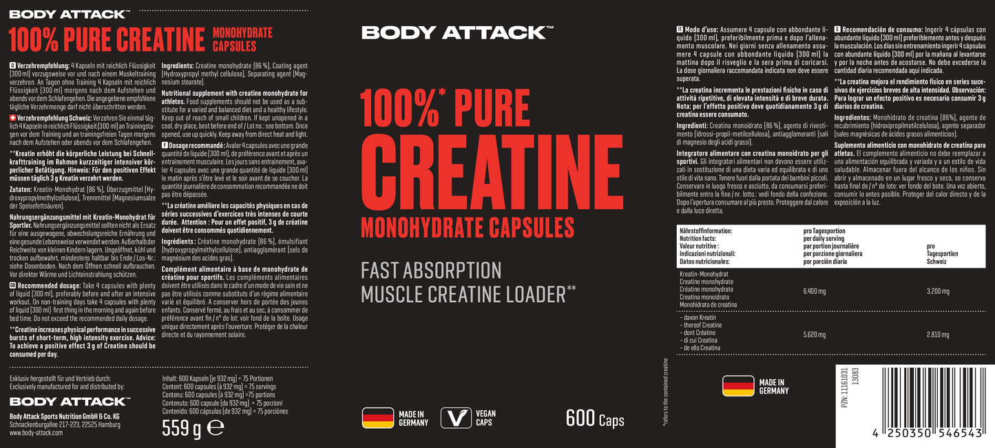 Body Attack 100% pure Creatine 240 Kapseln