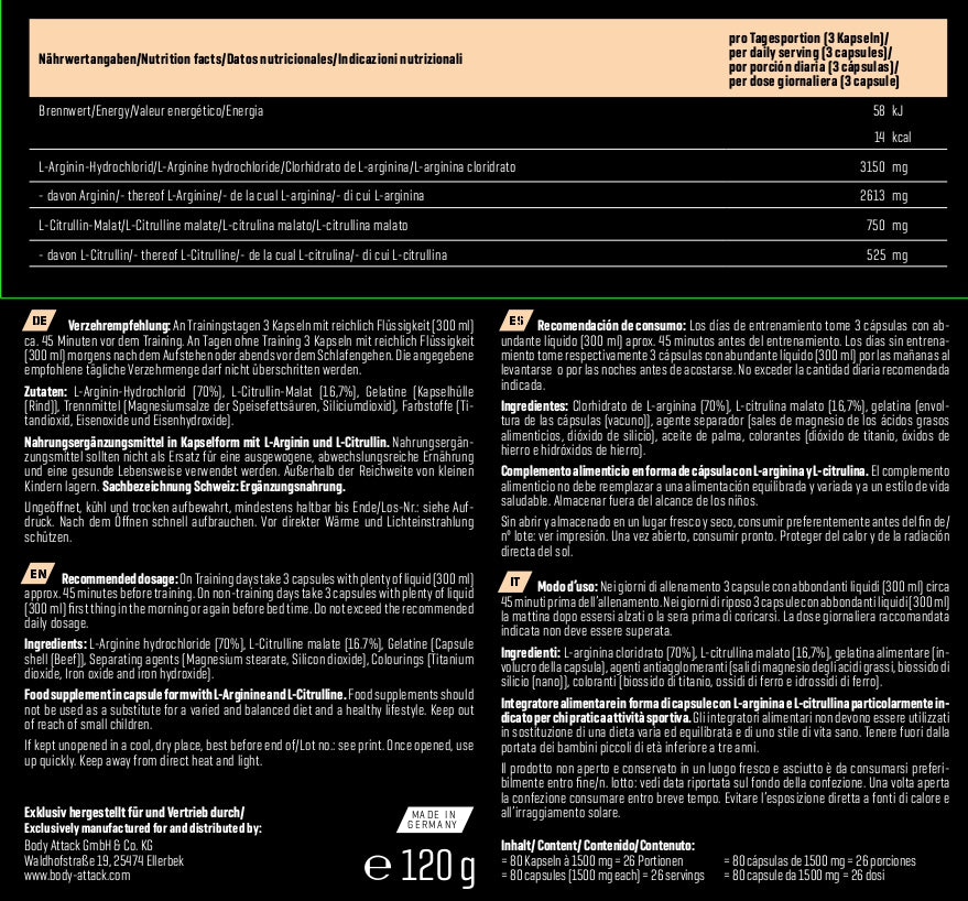 Body Attack Arginine Shock 80 Caps